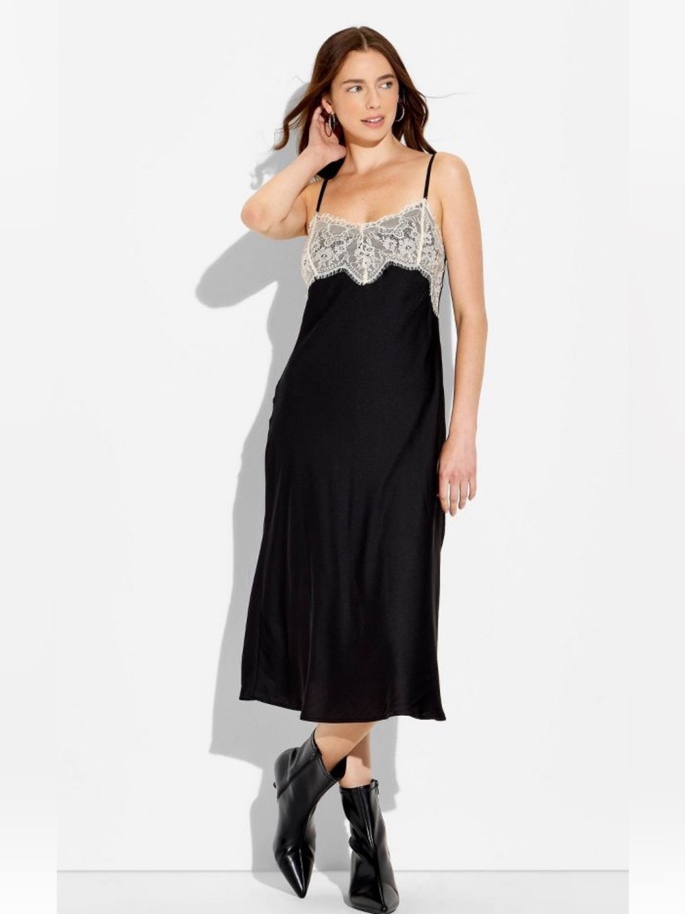 Wid Fable Women’s Satin Lace-Trim Midi Slip Dress Black/Cream Sz Small NWT